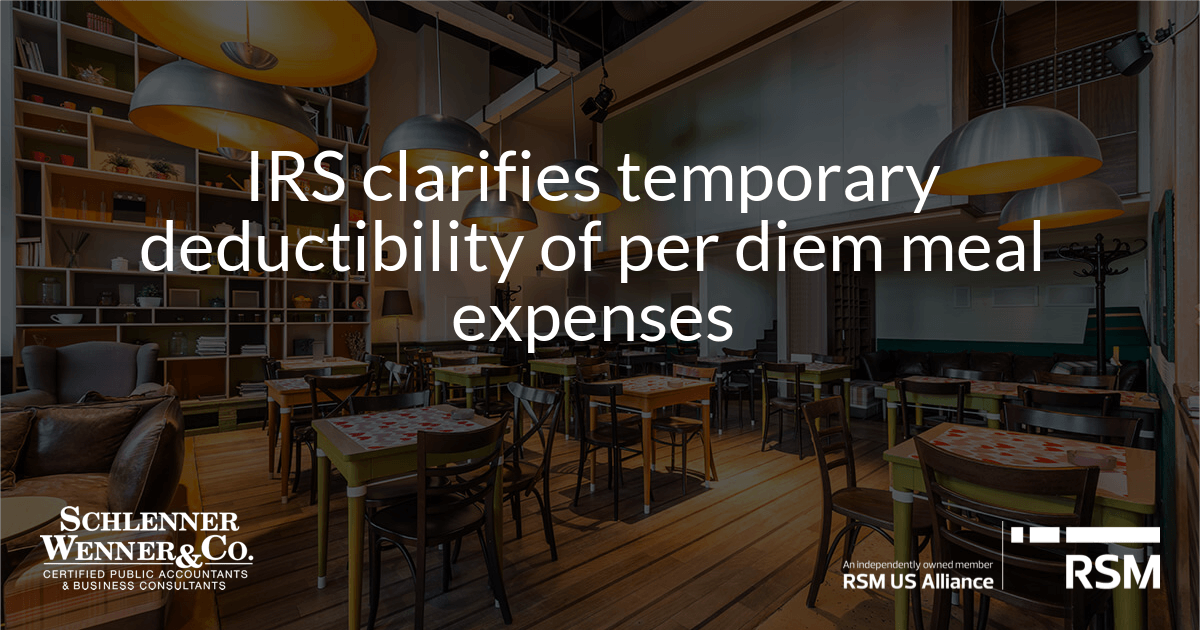 IRS clarifies temporary deductibility of per diem meal expenses